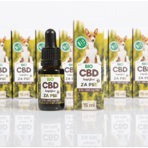CBD za pse v steklenici in kartonasti embalazi